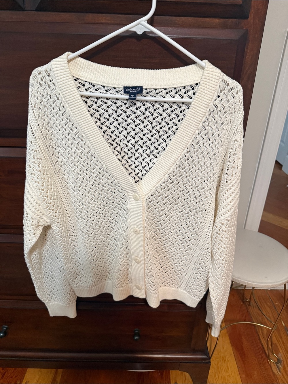 Splendid Cream Open-Weave V‑Neck Button Cardigan